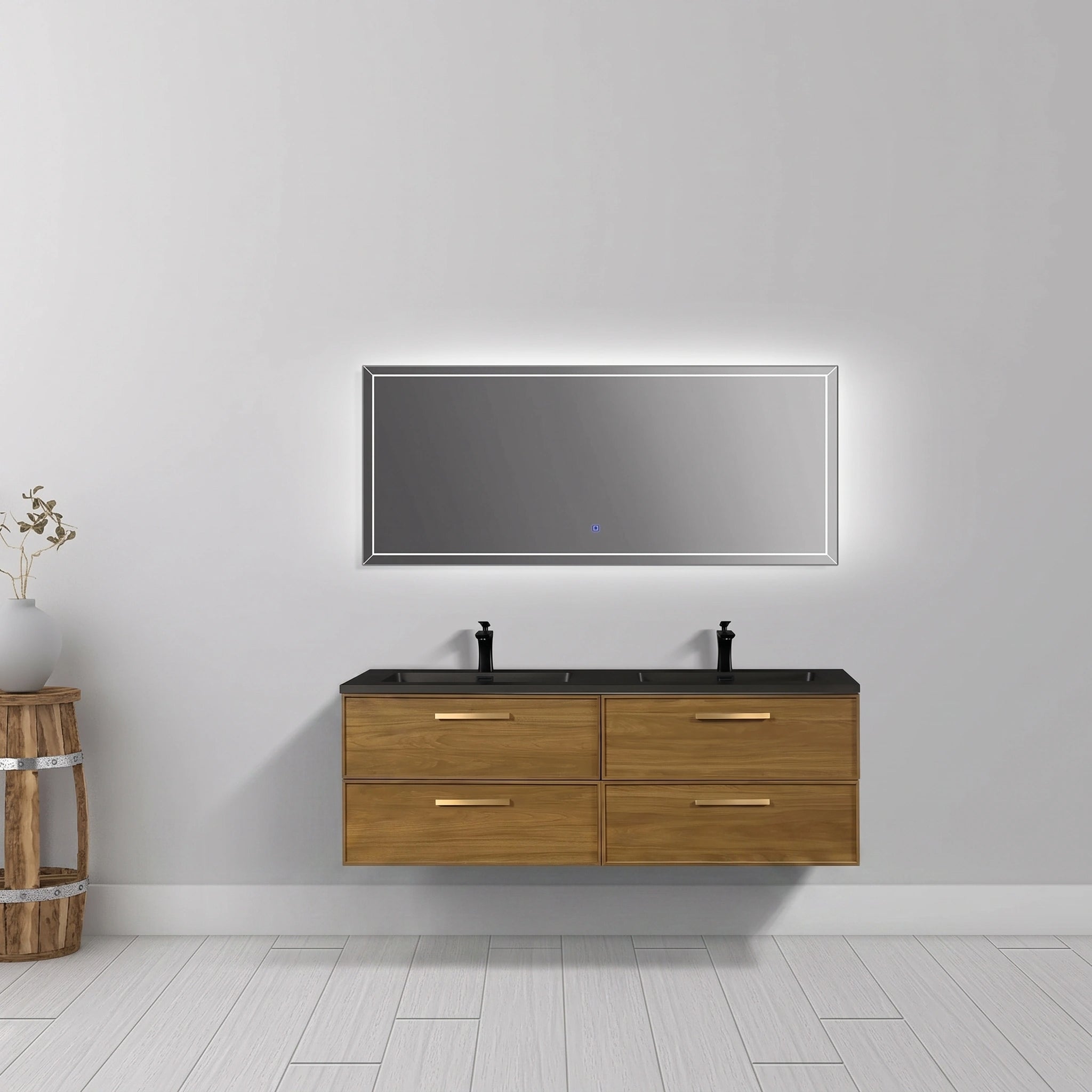 60 Inch Honey Gold Walnut Wall Mounted Bathroom Vanity with Black Engineered Quartz Countertop and Handles