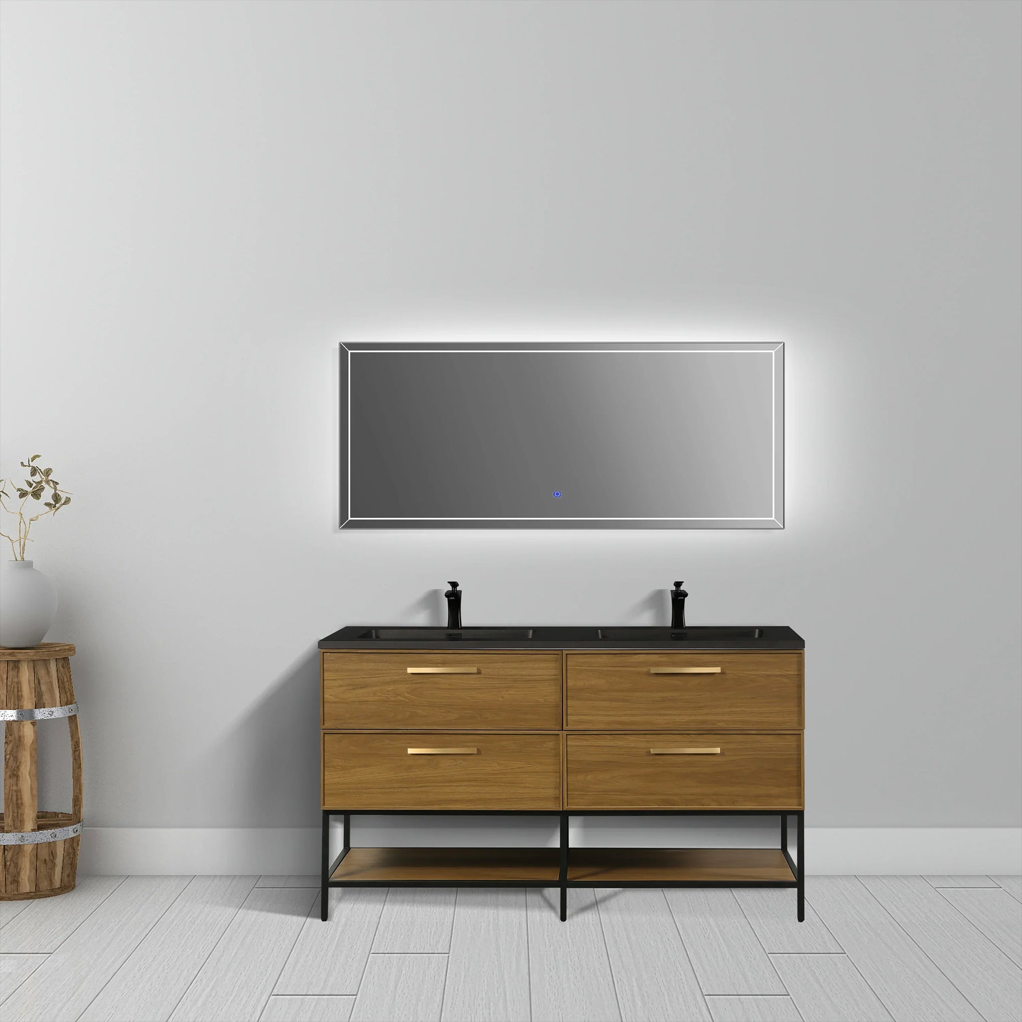 60 Inch Honey Gold Walnut Wall Mounted Bathroom Vanity with Black Engineered Quartz Countertop and Handles