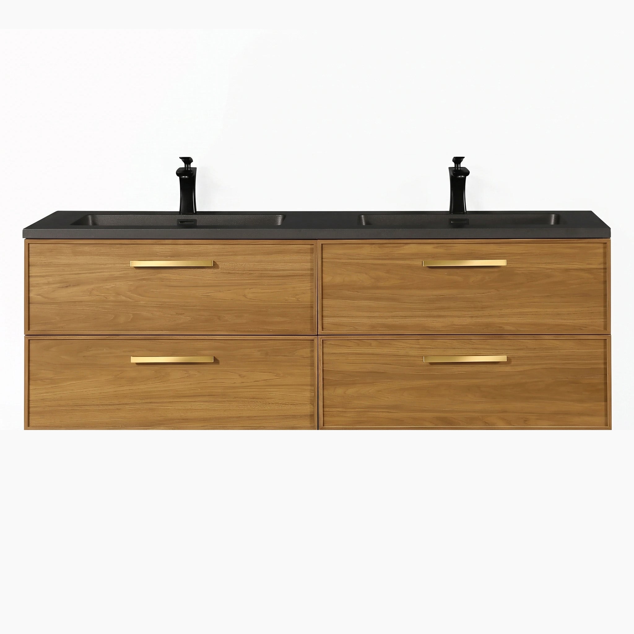 60 Inch Honey Gold Walnut Wall Mounted Bathroom Vanity with Black Engineered Quartz Countertop and Handles