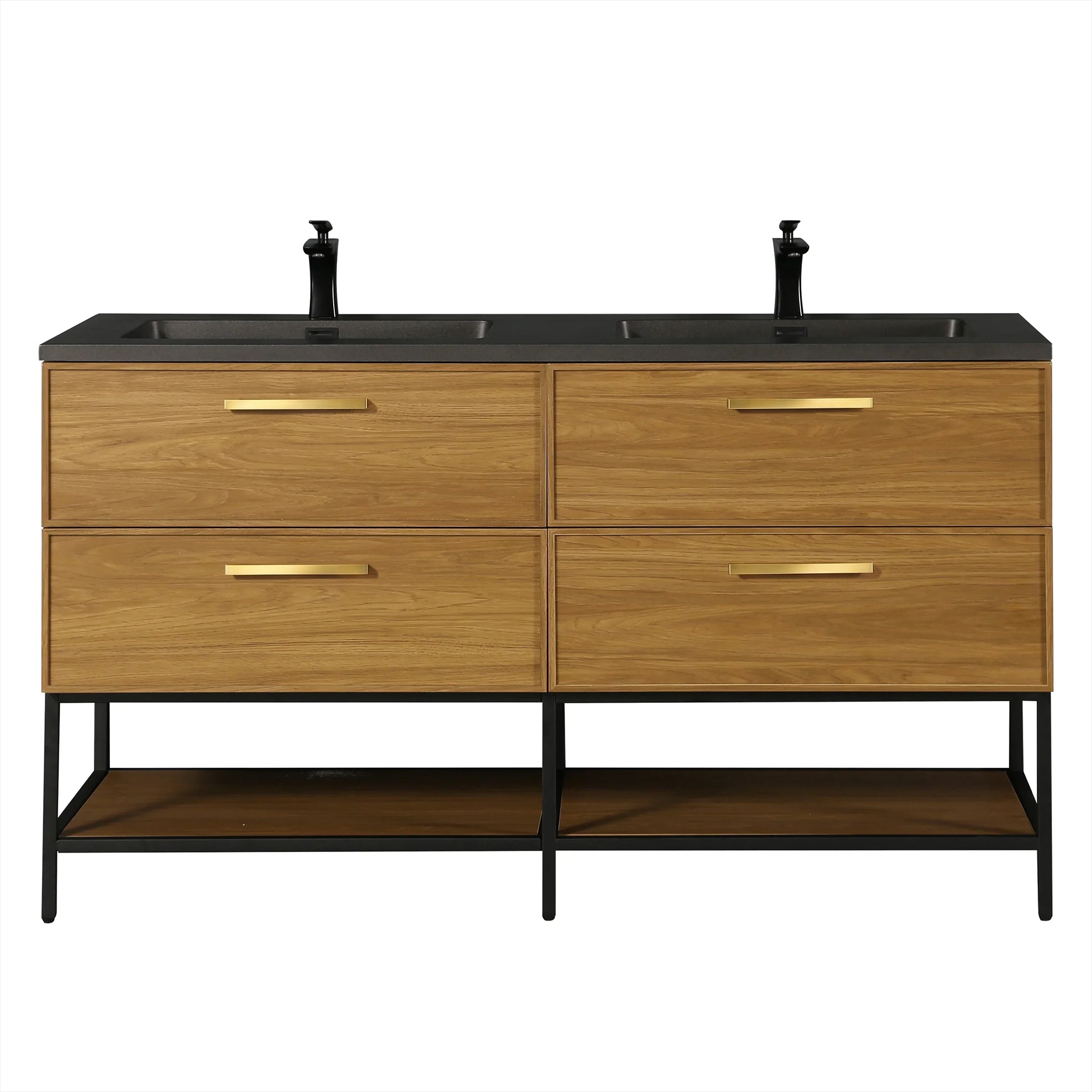 60 Inch Honey Gold Walnut Wall Mounted Bathroom Vanity with Black Engineered Quartz Countertop and Handles