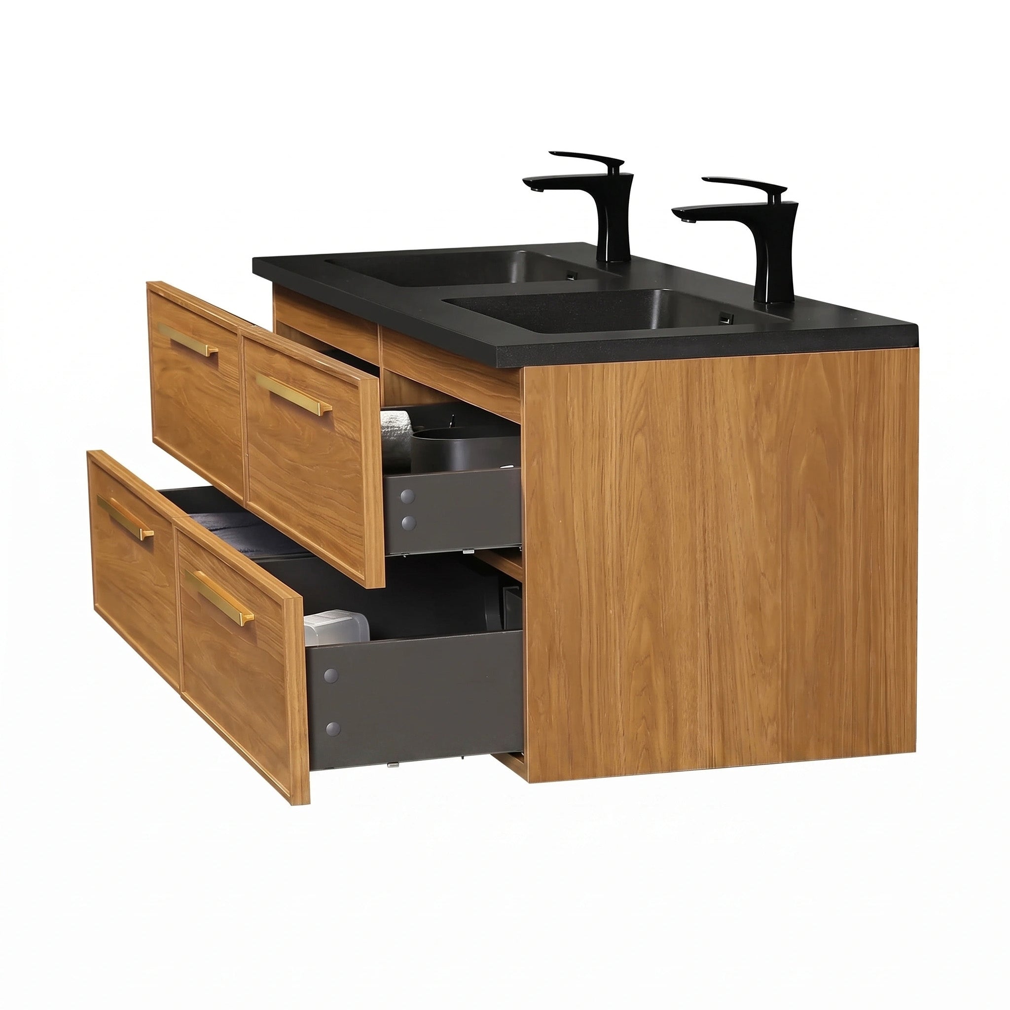 60 Inch Honey Gold Walnut Wall Mounted Bathroom Vanity with Black Engineered Quartz Countertop and Handles