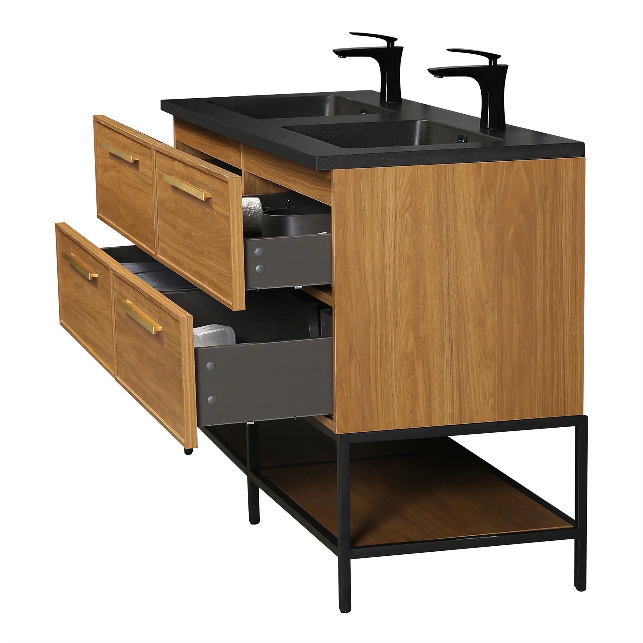 60 Inch Honey Gold Walnut Wall Mounted Bathroom Vanity with Black Engineered Quartz Countertop and Handles