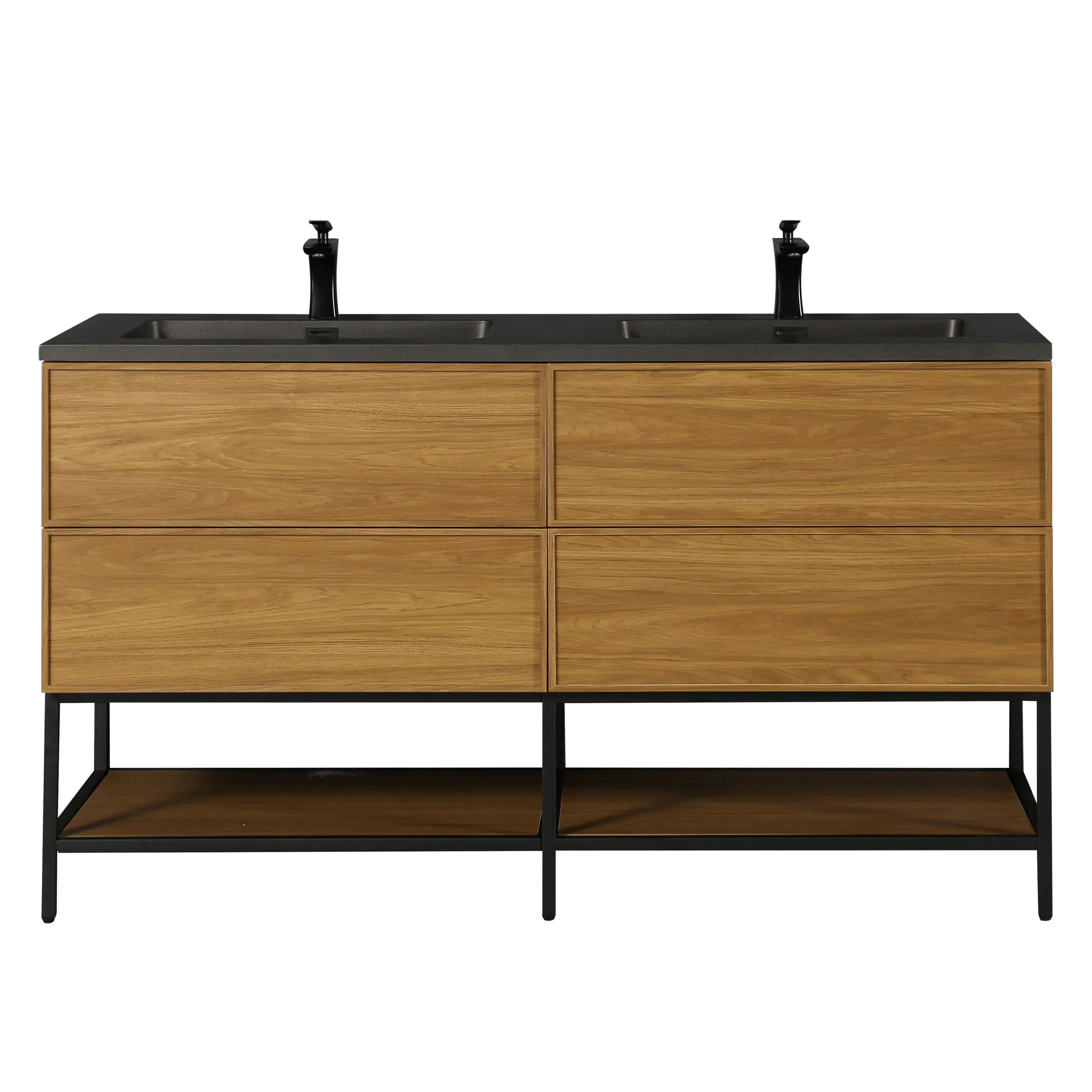 60" Honey Gold Walnut Wall Mount Double Sink Bathroom Vanity with Black Engineered Quartz Countertop