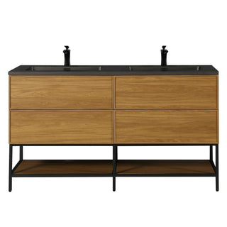 Meuble-Lavabo Mural 60po Noyer Miel Doré avec Comptoir de Quartz d'ingénierie Noir