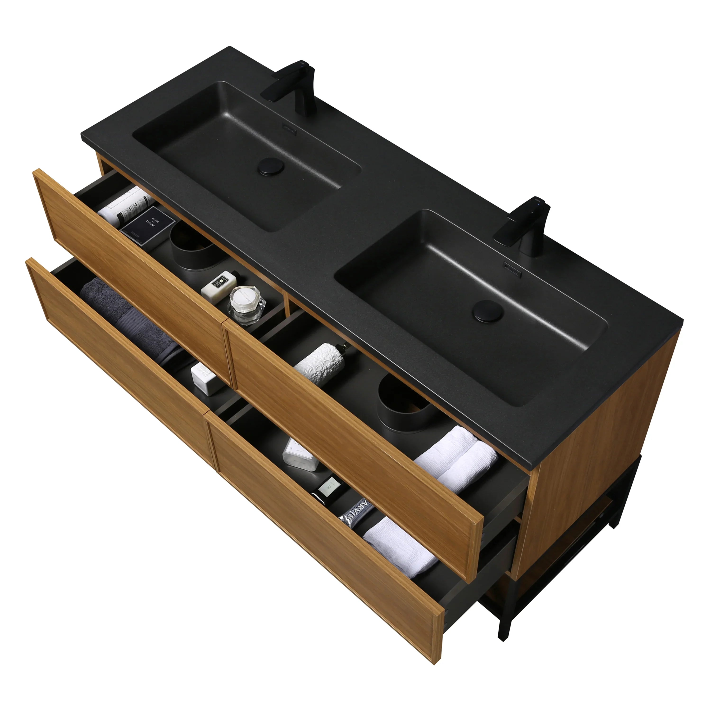 60" Honey Gold Walnut Wall Mount Double Sink Bathroom Vanity with Black Engineered Quartz Countertop