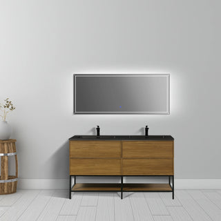 Meuble-Lavabo Mural 60po Noyer Miel Doré avec Comptoir de Quartz d'ingénierie Noir