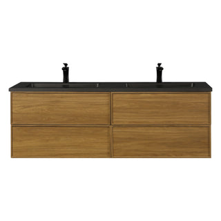 Meuble-Lavabo Mural 60po Noyer Miel Doré avec Comptoir de Quartz d'ingénierie Noir
