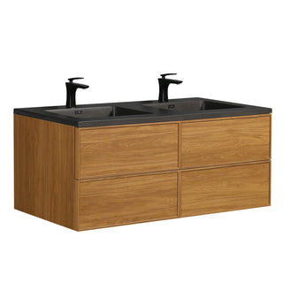 Meuble-Lavabo Mural 60po Noyer Miel Doré avec Comptoir de Quartz d'ingénierie Noir
