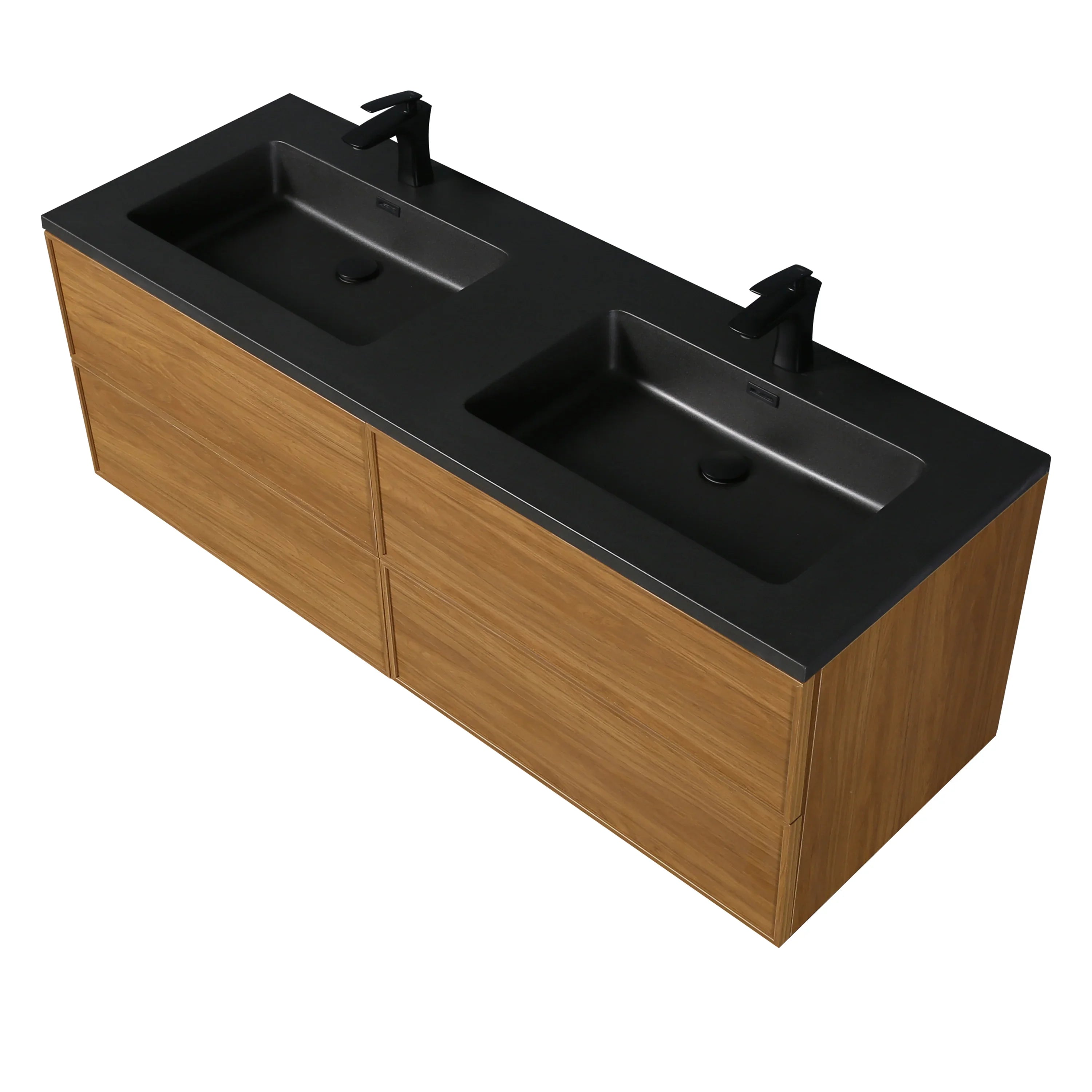 60" Honey Gold Walnut Wall Mount Double Sink Bathroom Vanity with Black Engineered Quartz Countertop