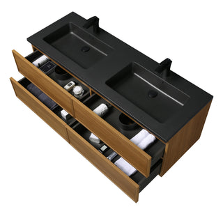 Meuble-Lavabo Mural 60po Noyer Miel Doré avec Comptoir de Quartz d'ingénierie Noir