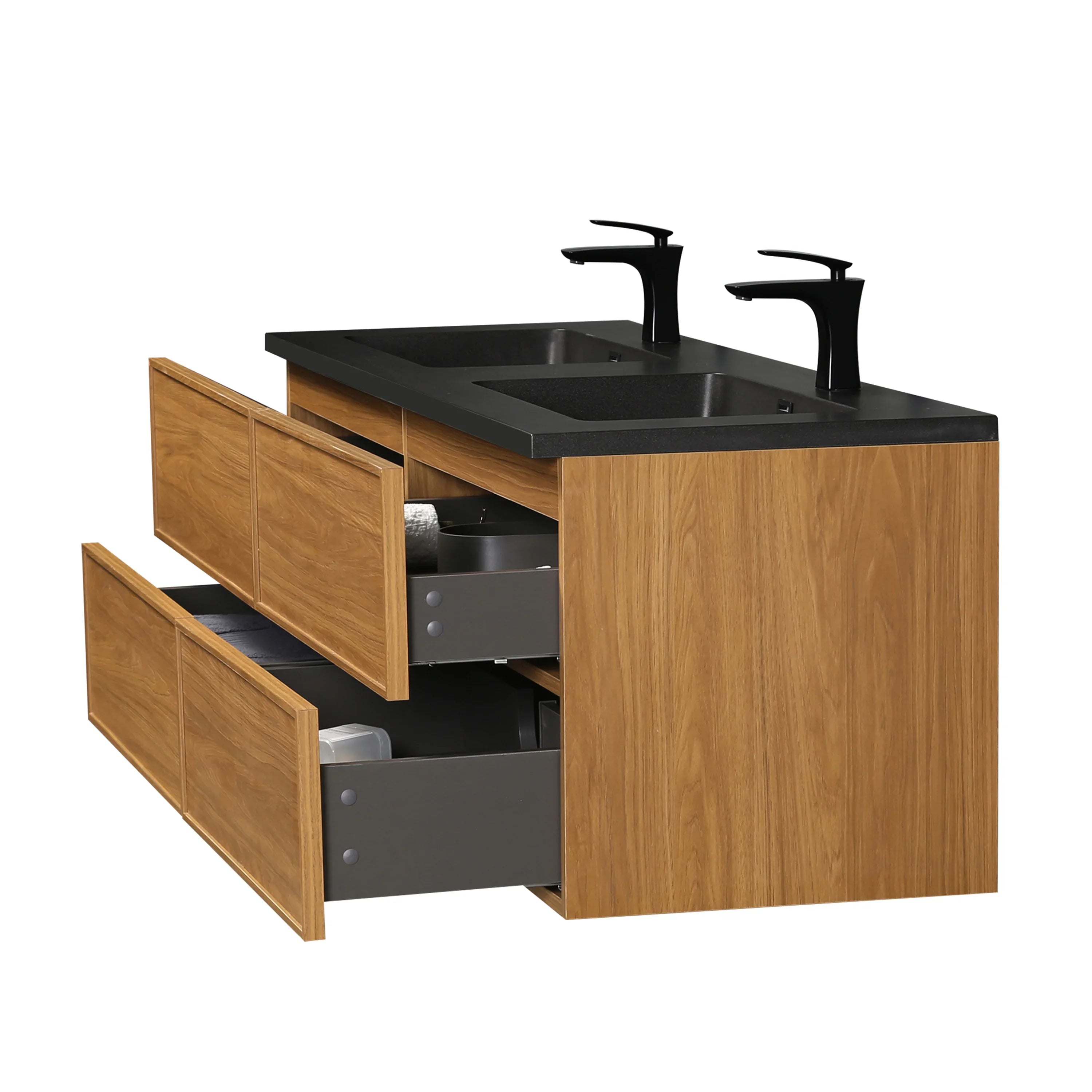 60" Honey Gold Walnut Wall Mount Double Sink Bathroom Vanity with Black Engineered Quartz Countertop