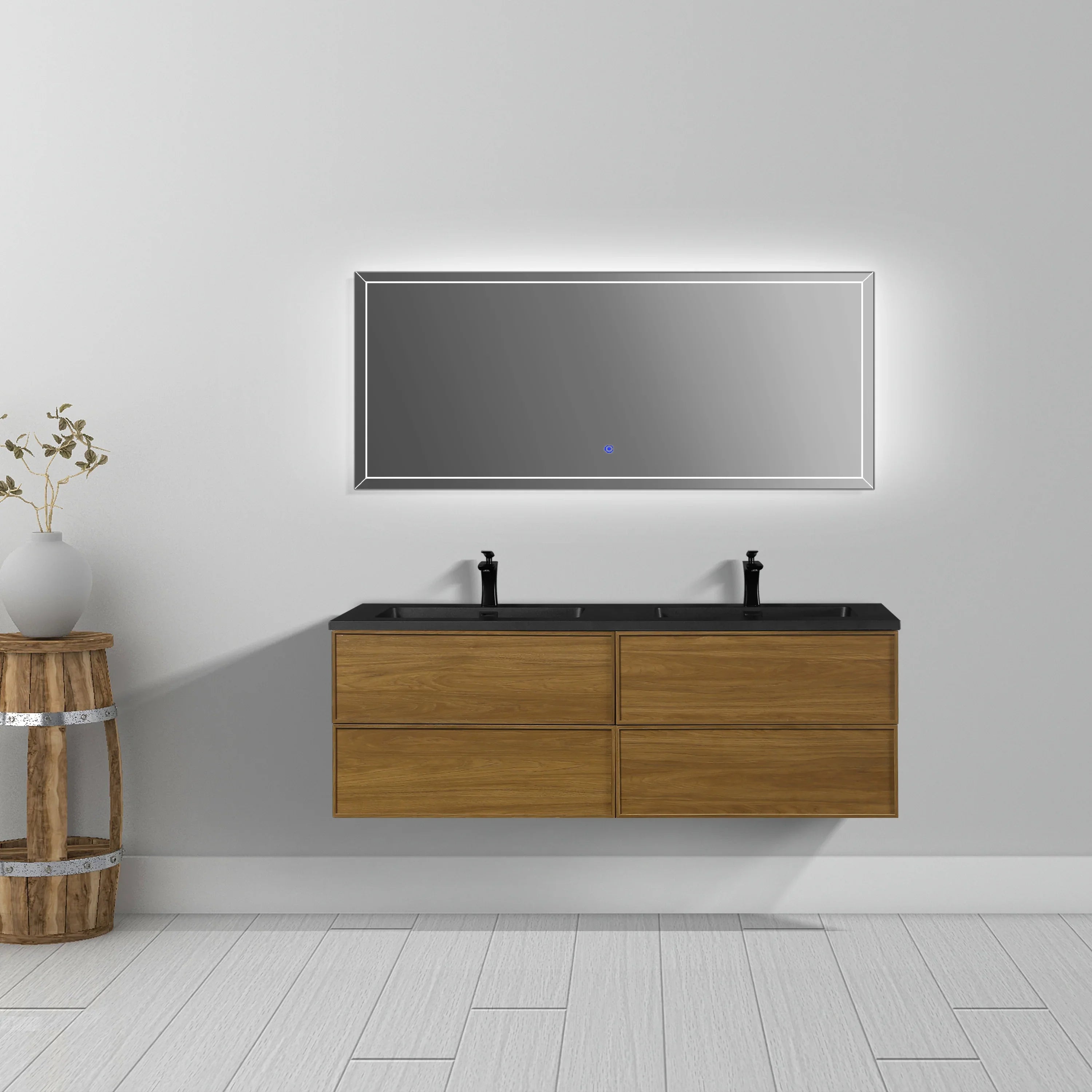 60" Honey Gold Walnut Wall Mount Double Sink Bathroom Vanity with Black Engineered Quartz Countertop