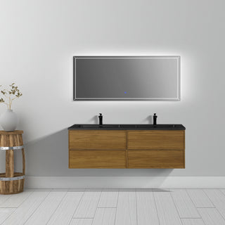 Meuble-Lavabo Mural 60po Noyer Miel Doré avec Comptoir de Quartz d'ingénierie Noir