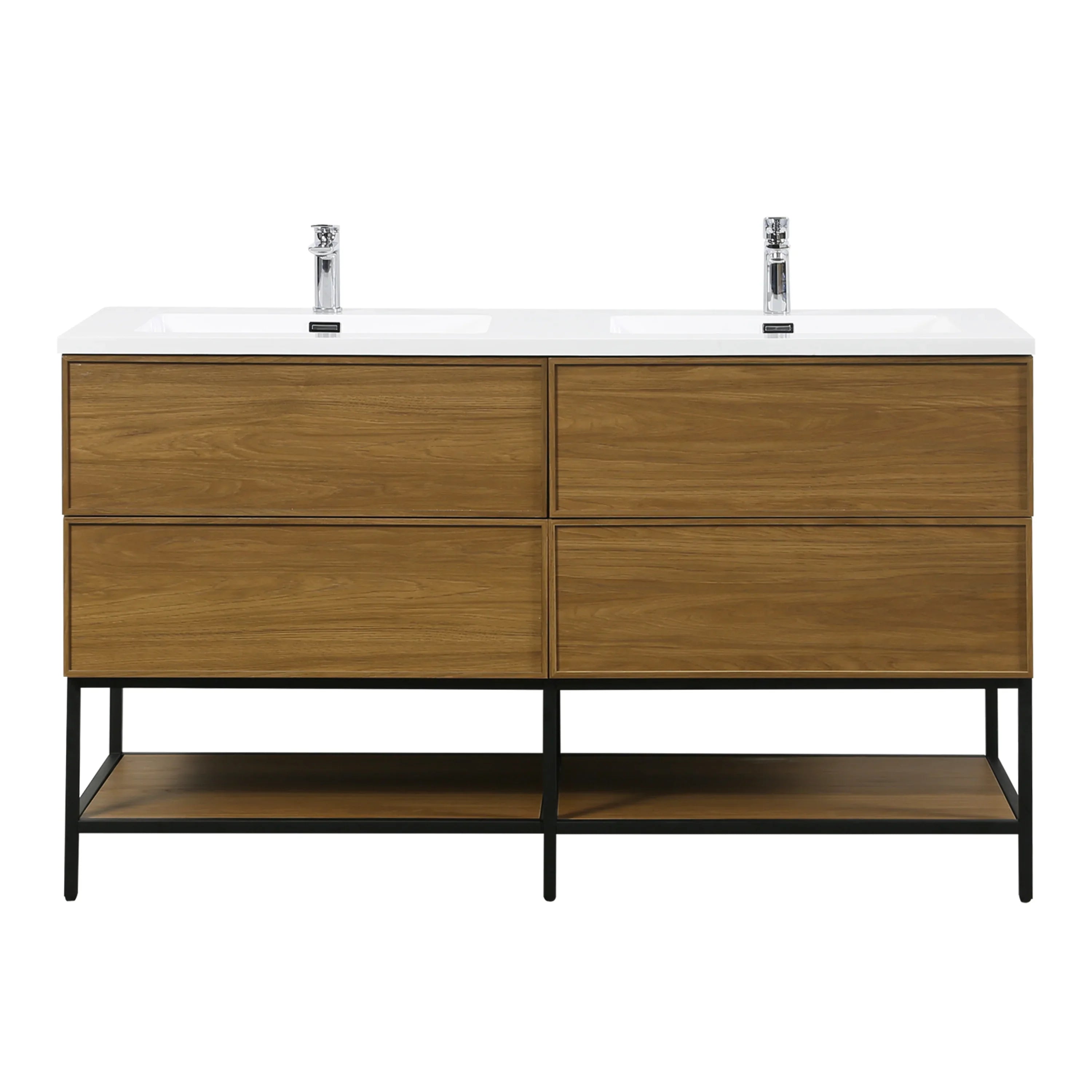 60" Honey Gold Walnut Wall Mount Double Sink Bathroom Vanity with White Polymarble Countertop