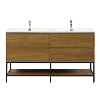 Meuble-Lavabo Mural 60po Noyer Miel Doré avec Comptoir de Polymarbre Blanc