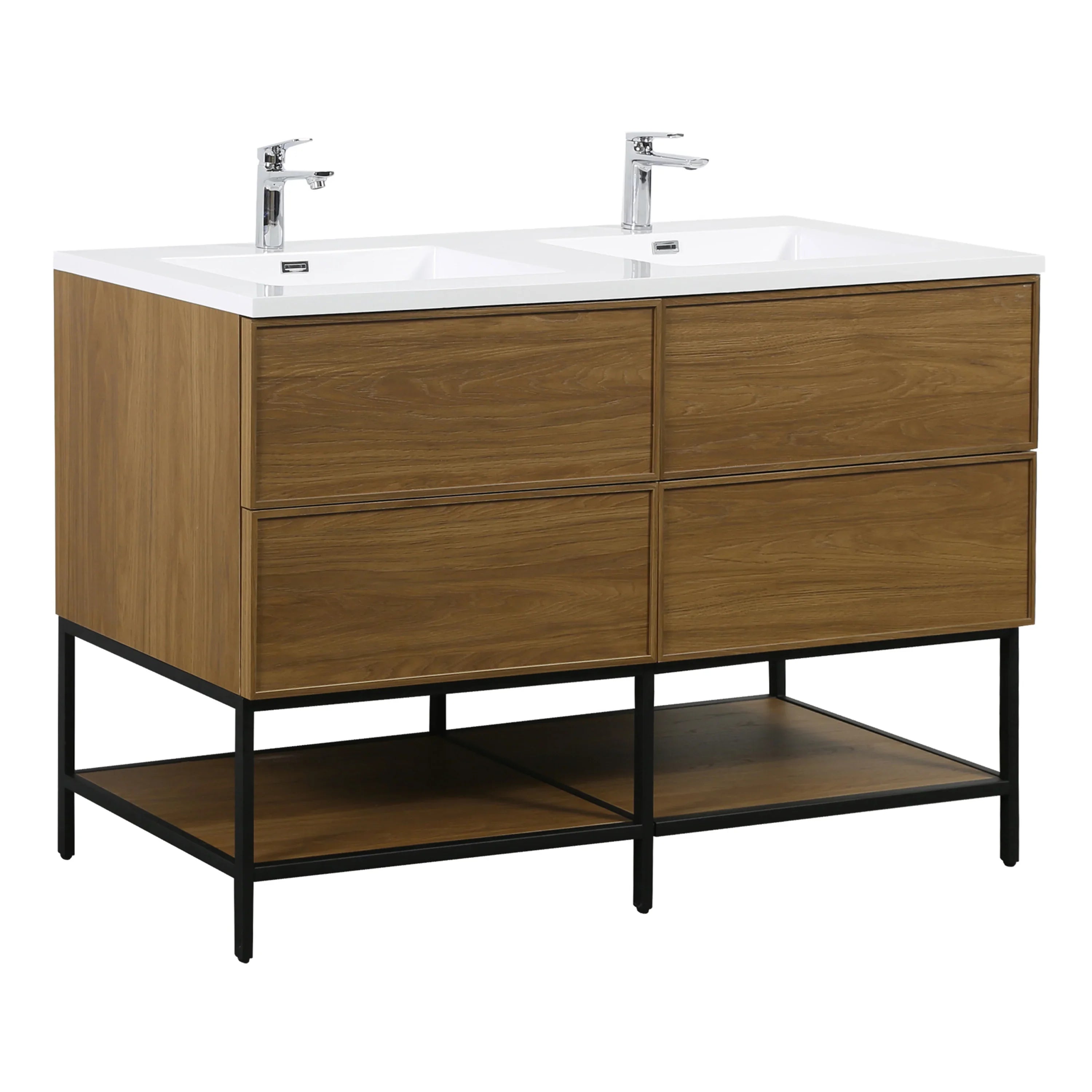 60" Honey Gold Walnut Wall Mount Double Sink Bathroom Vanity with White Polymarble Countertop