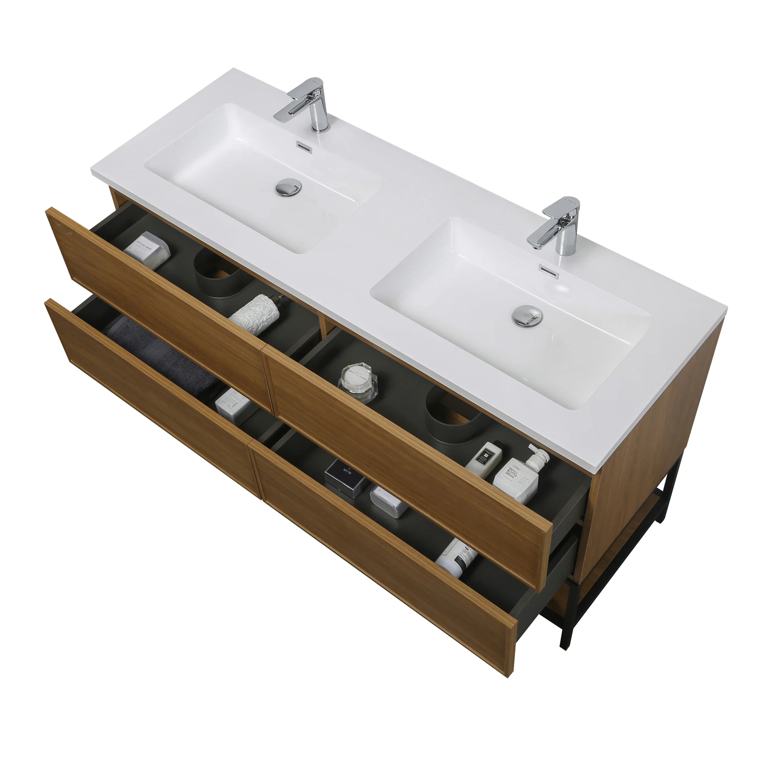 60" Honey Gold Walnut Wall Mount Double Sink Bathroom Vanity with White Polymarble Countertop