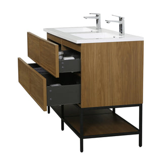 Meuble-Lavabo Mural 60po Noyer Miel Doré avec Comptoir de Polymarbre Blanc