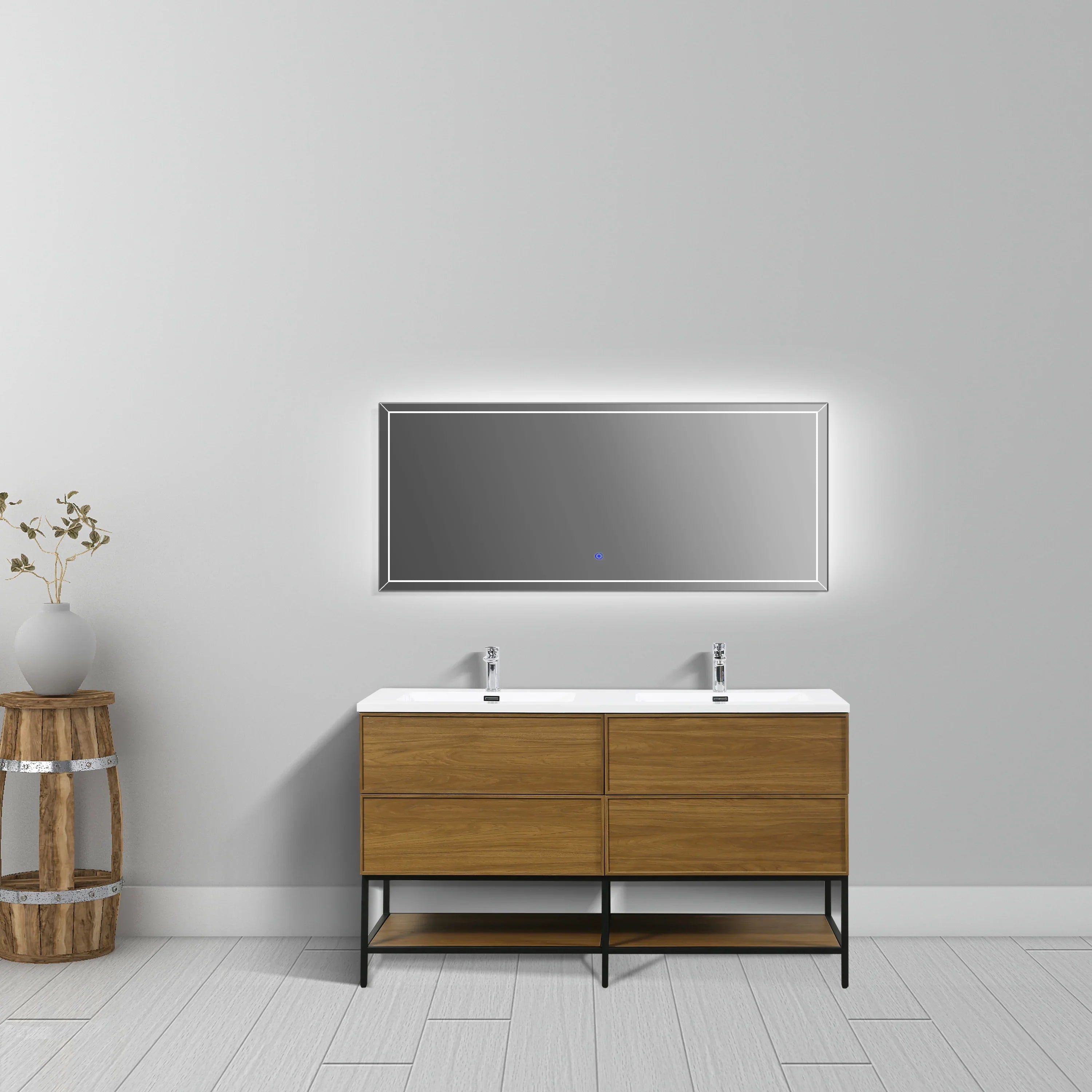 60" Honey Gold Walnut Wall Mount Double Sink Bathroom Vanity with White Polymarble Countertop