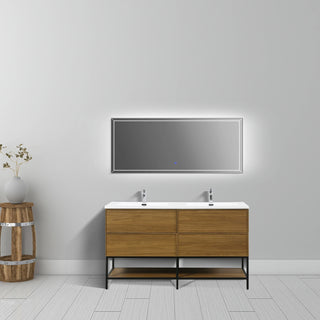 Meuble-Lavabo Mural 60po Noyer Miel Doré avec Comptoir de Polymarbre Blanc