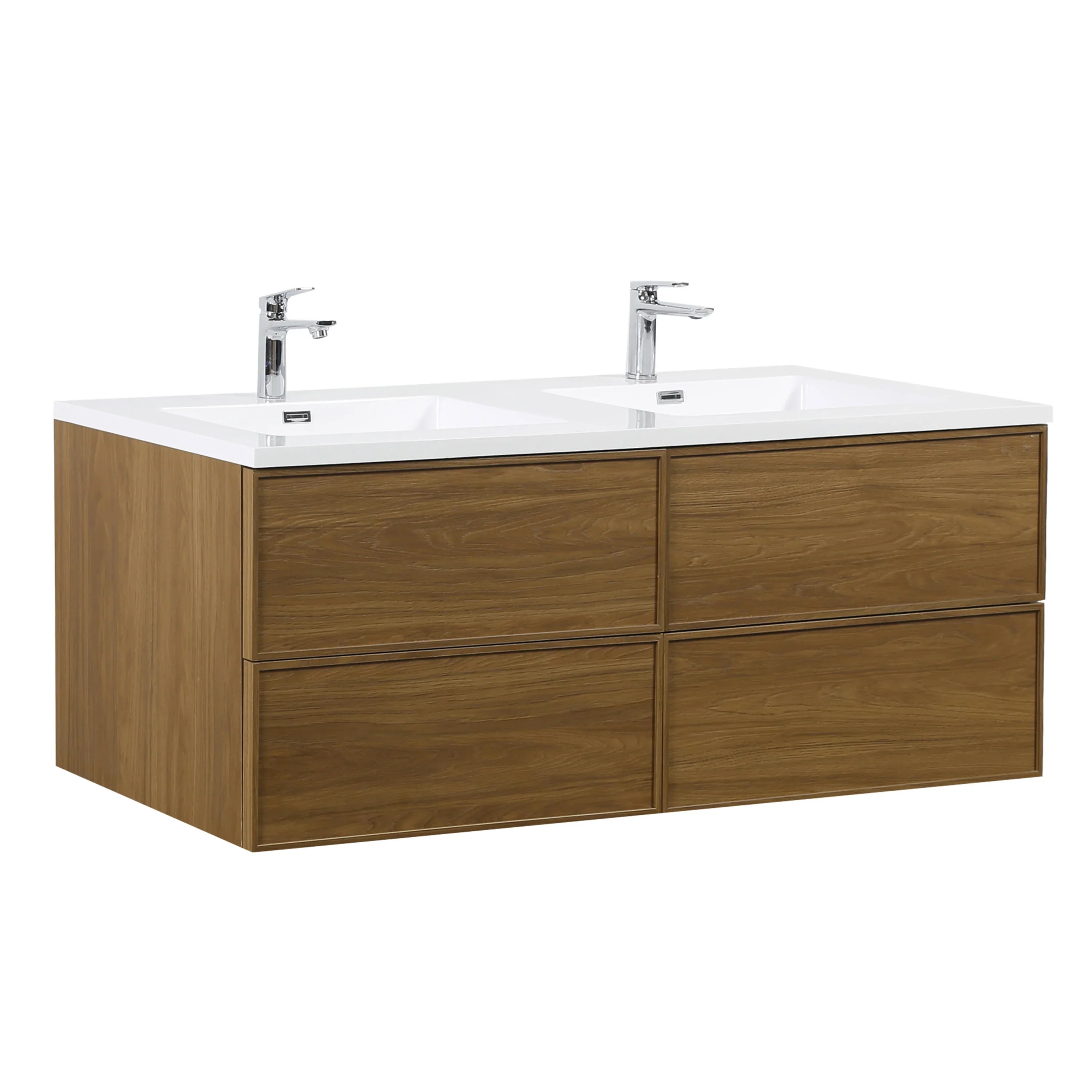 60" Honey Gold Walnut Wall Mount Double Sink Bathroom Vanity with White Polymarble Countertop
