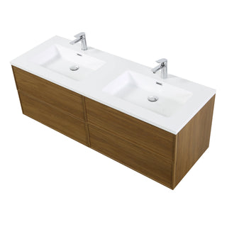 Meuble-Lavabo Mural 60po Noyer Miel Doré avec Comptoir de Polymarbre Blanc