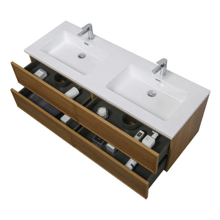 Meuble-Lavabo Mural 60po Noyer Miel Doré avec Comptoir de Polymarbre Blanc