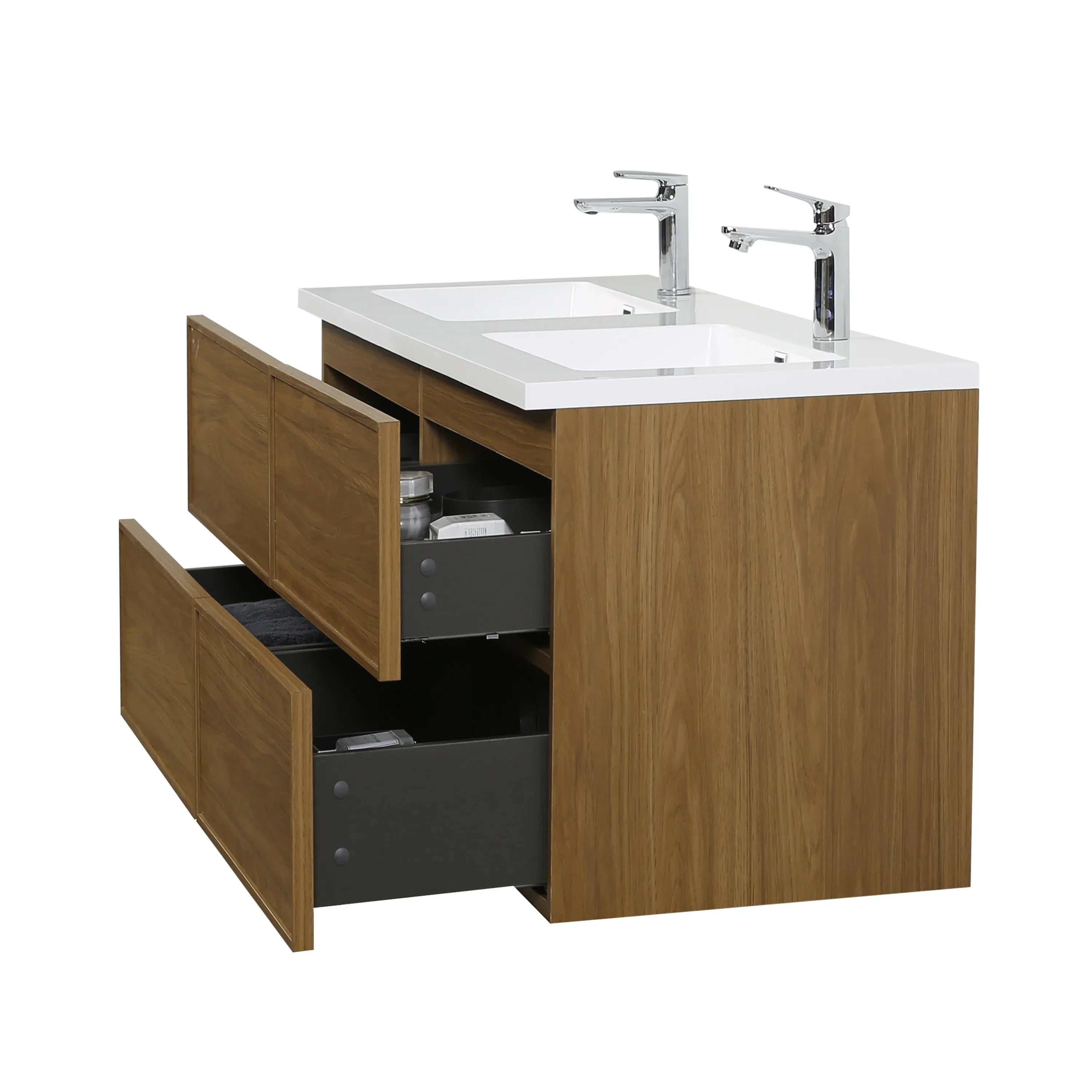 60" Honey Gold Walnut Wall Mount Double Sink Bathroom Vanity with White Polymarble Countertop