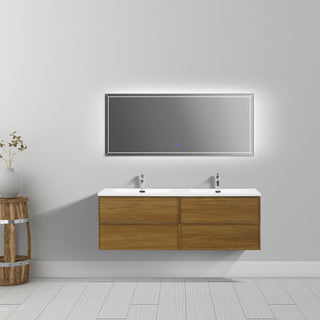 Meuble-Lavabo Mural 60po Noyer Miel Doré avec Comptoir de Polymarbre Blanc