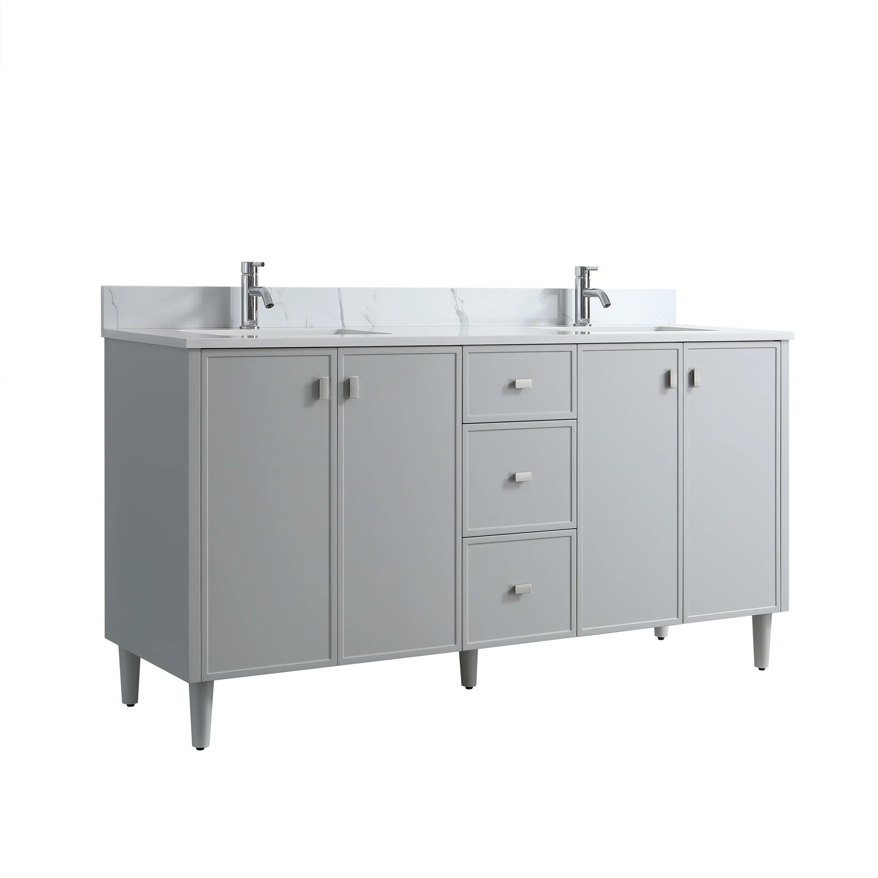 Meuble Lavabo Autoportant 60po Hampton Gris Double Vasque avec Comptoir Marbre Calcutta