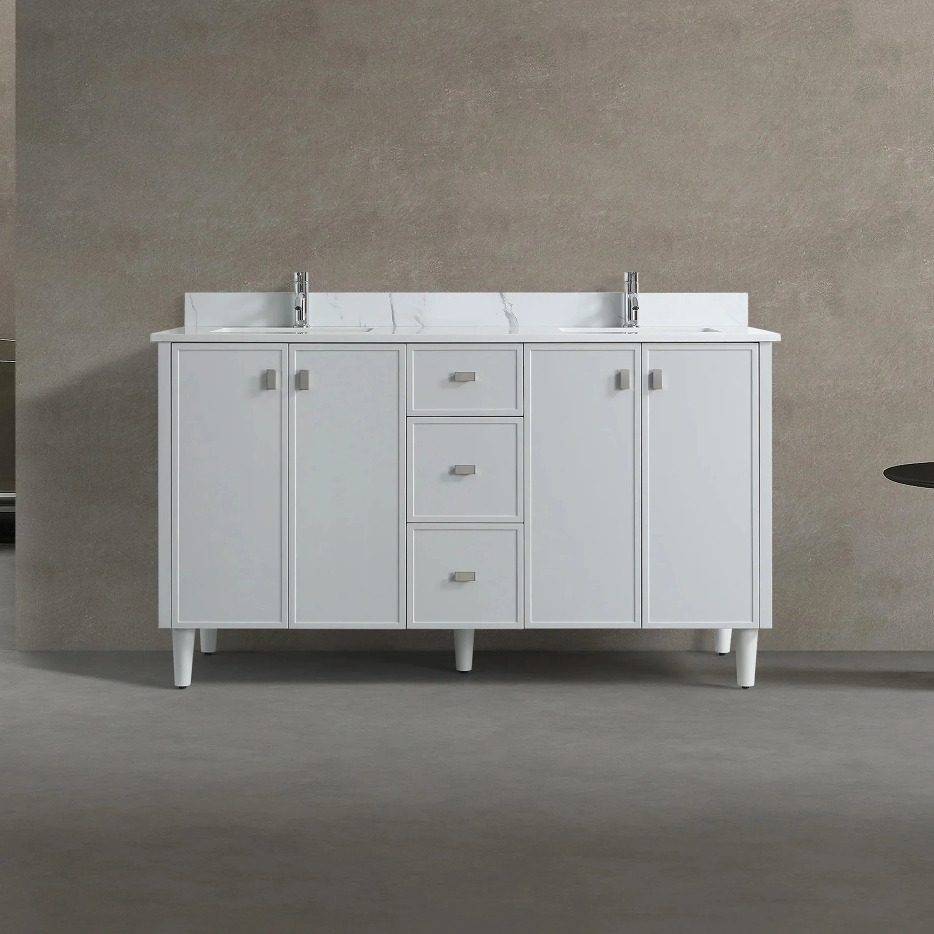 Meuble Lavabo Autoportant 60po Hampton Gris Double Vasque avec Comptoir Marbre Calcutta