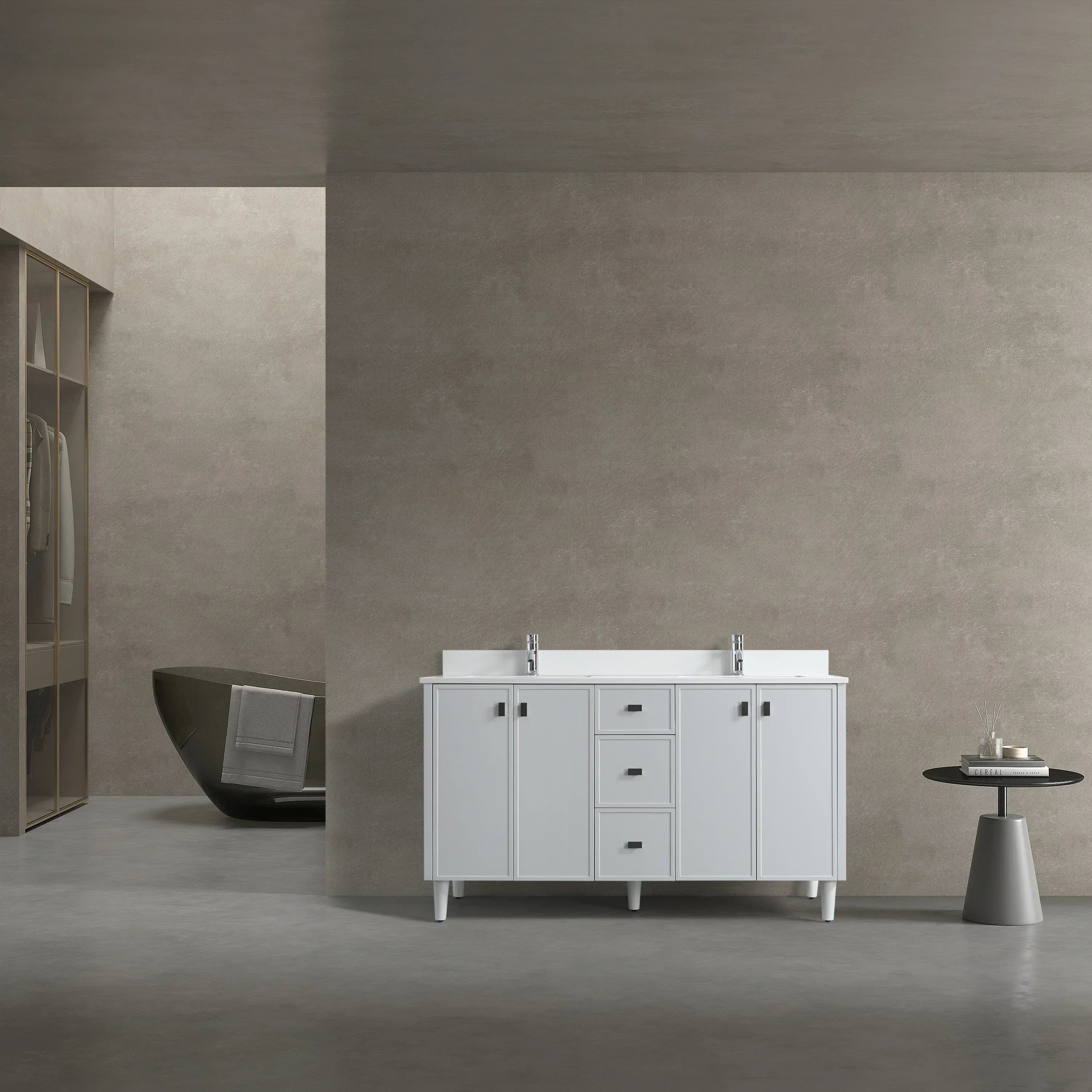 60" Hampton Grey Double Sink Freestanding Vanity with Pure White Quartz Countertop