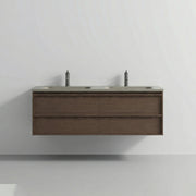 60" Hazelnut Wall Hung Vanity with Taupe Nano Solid Surface Integrated Countertop Double Sink with Pop-up