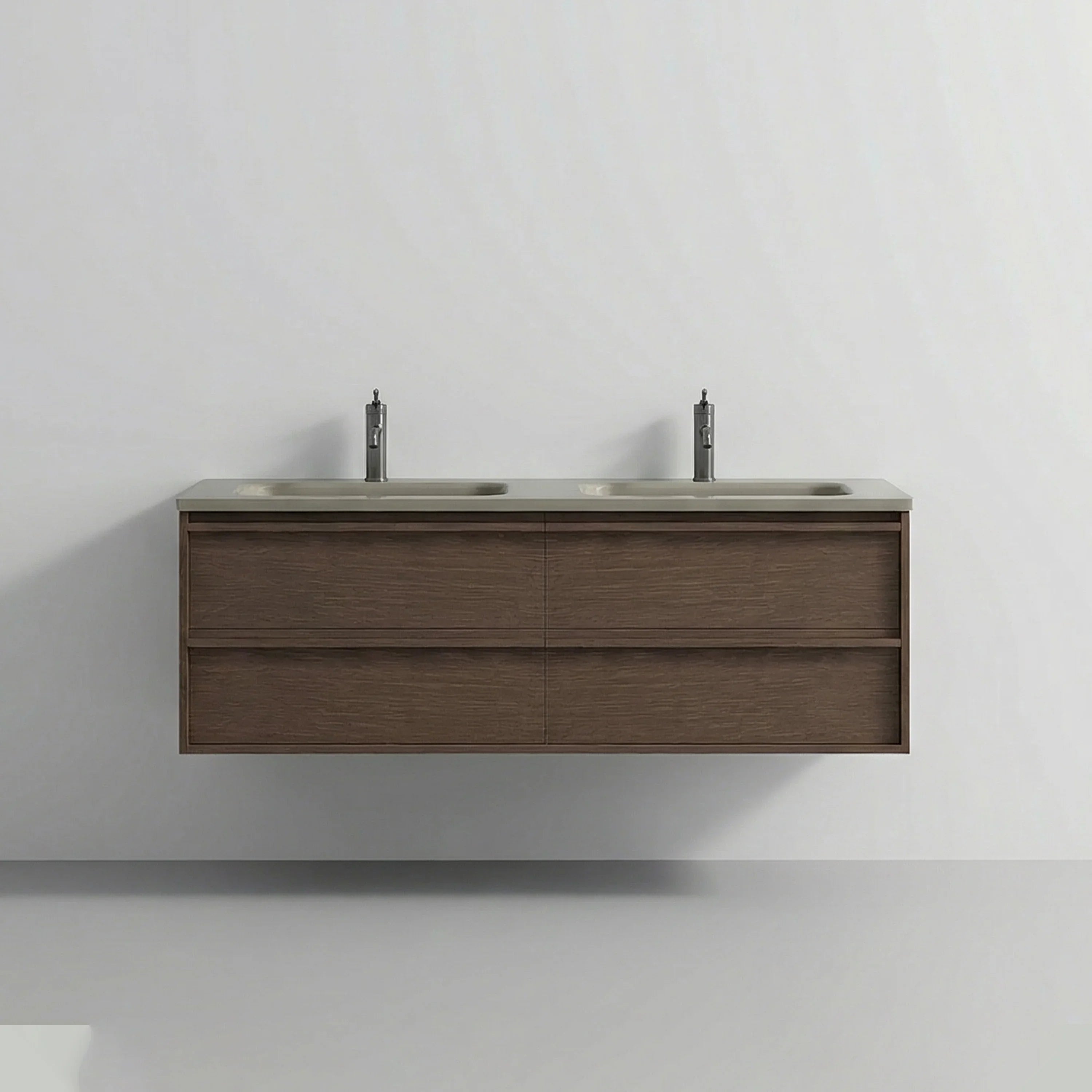 60" Hazelnut Wall Hung Vanity with Taupe Nano Solid Surface Integrated Countertop Double Sink with Pop-up