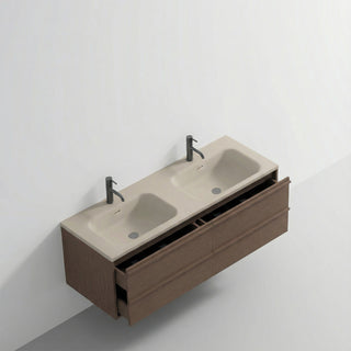 Meuble-lavabo Mural en Noisette 60 po avec Comptoir Intégré en Surface Solide Nano Taupe et Doubles Lavabos avec Pop-up