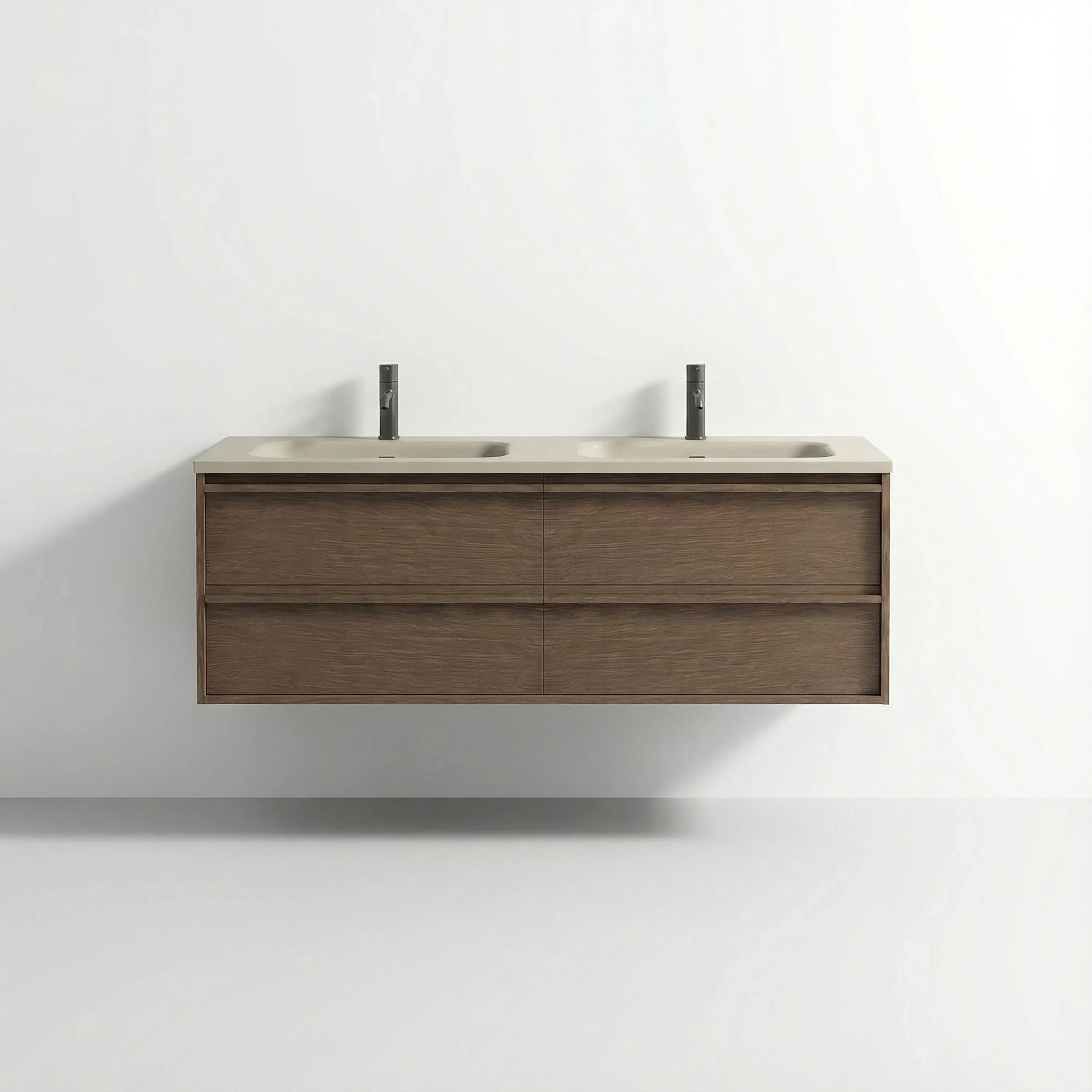 60" Hazelnut Wall Hung Vanity with Taupe Nano Solid Surface Integrated Countertop Double Sink with Pop-up