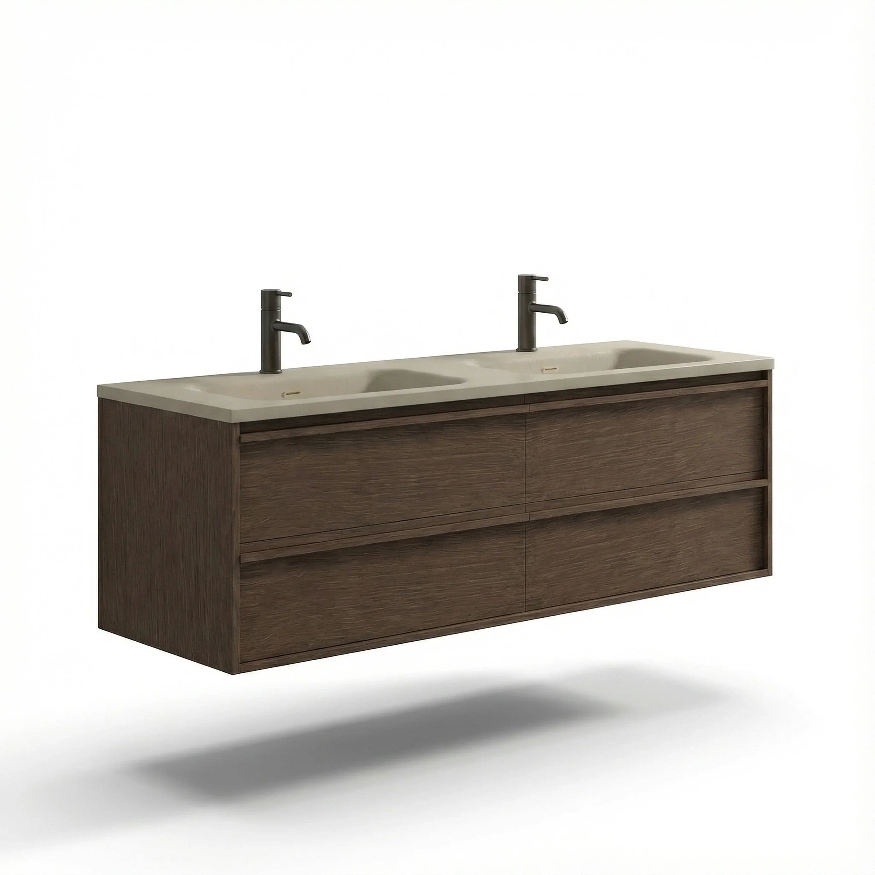 60" Hazelnut Wall Hung Vanity with Taupe Nano Solid Surface Integrated Countertop Double Sink with Pop-up