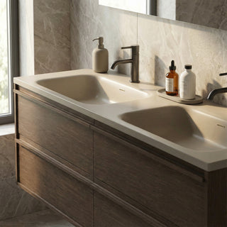 Meuble-lavabo Mural en Noisette 60 po avec Comptoir Intégré en Surface Solide Nano Taupe et Doubles Lavabos avec Pop-up