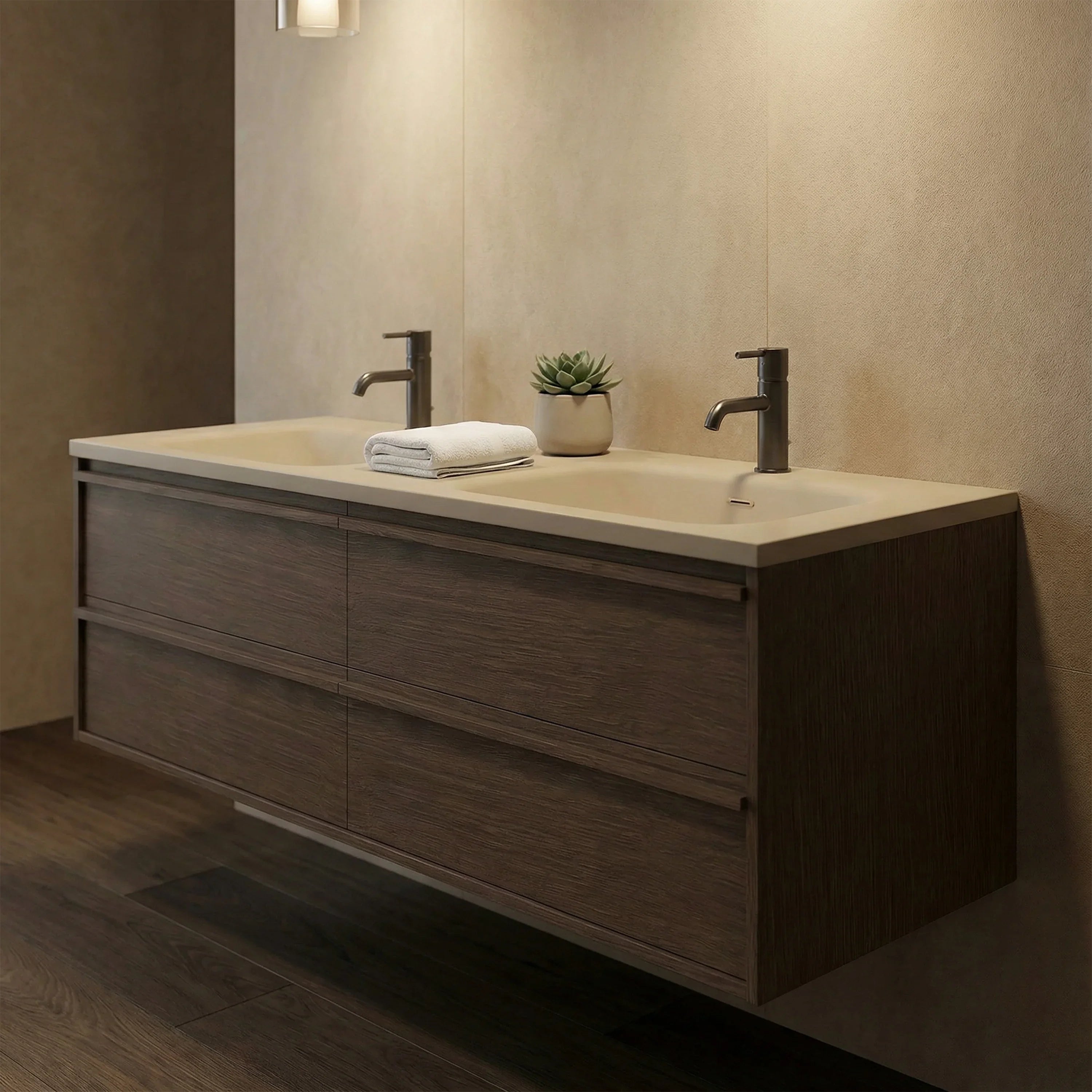 60" Hazelnut Wall Hung Vanity with Taupe Nano Solid Surface Integrated Countertop Double Sink with Pop-up