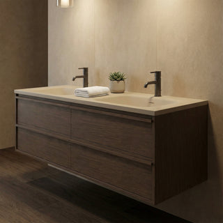 Meuble-lavabo Mural en Noisette 60 po avec Comptoir Intégré en Surface Solide Nano Taupe et Doubles Lavabos avec Pop-up
