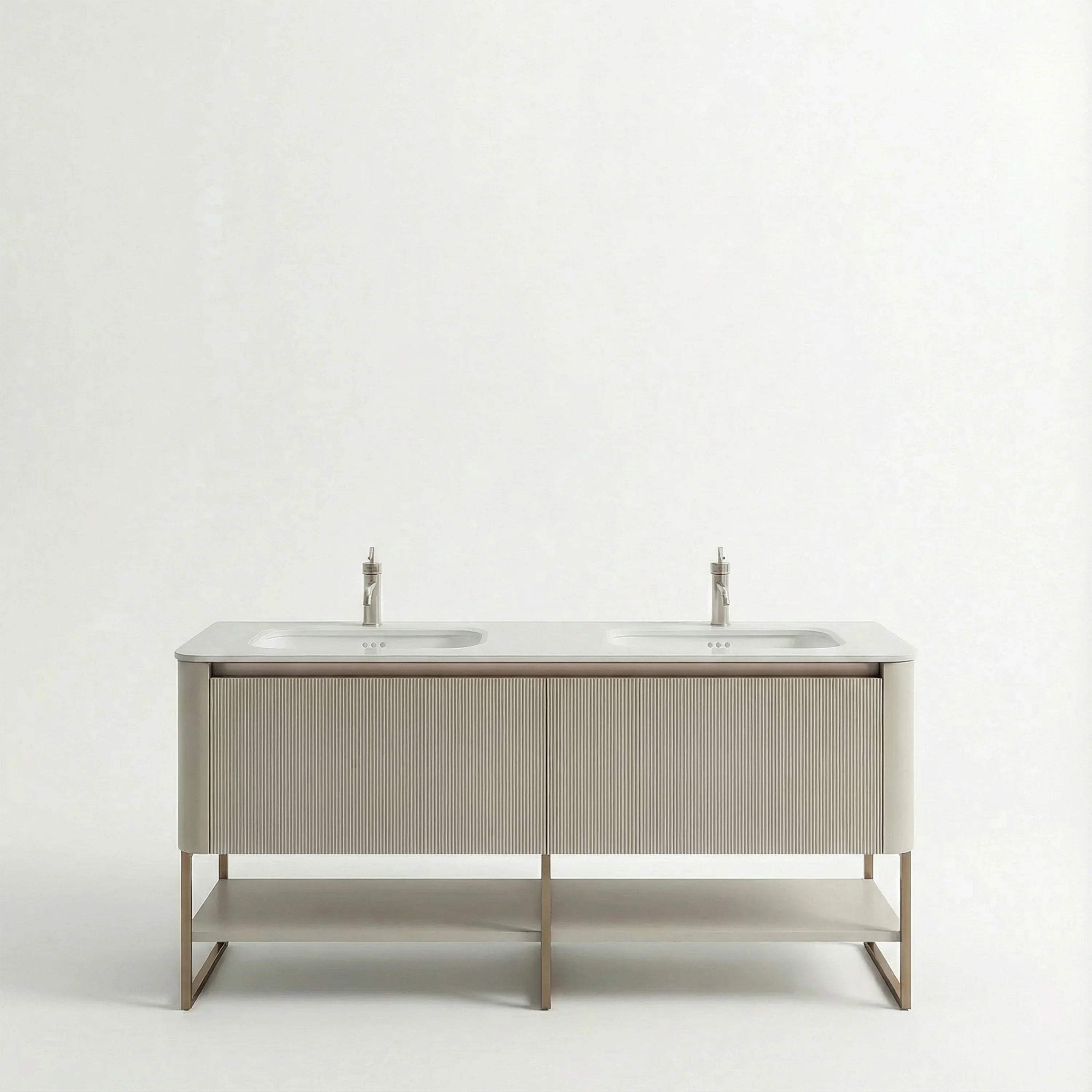 63" Latte Wall Hung LED Vanity with Kari Ice Jade Marble Countertop with Double Ceramic Sink and Pop-up and Brushed Gold Metal Frame and Latte Shelves