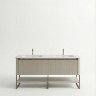 63" Latte Wall Hung LED Vanity with Kari Ice Jade Marble Countertop with Double Ceramic Sink and Pop-up and Brushed Gold Metal Frame and Latte Shelves