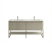 63" Latte Wall Hung LED Vanity with Kari Ice Jade Marble Countertop with Double Ceramic Sink and Pop-up and Brushed Gold Metal Frame and Latte Shelves