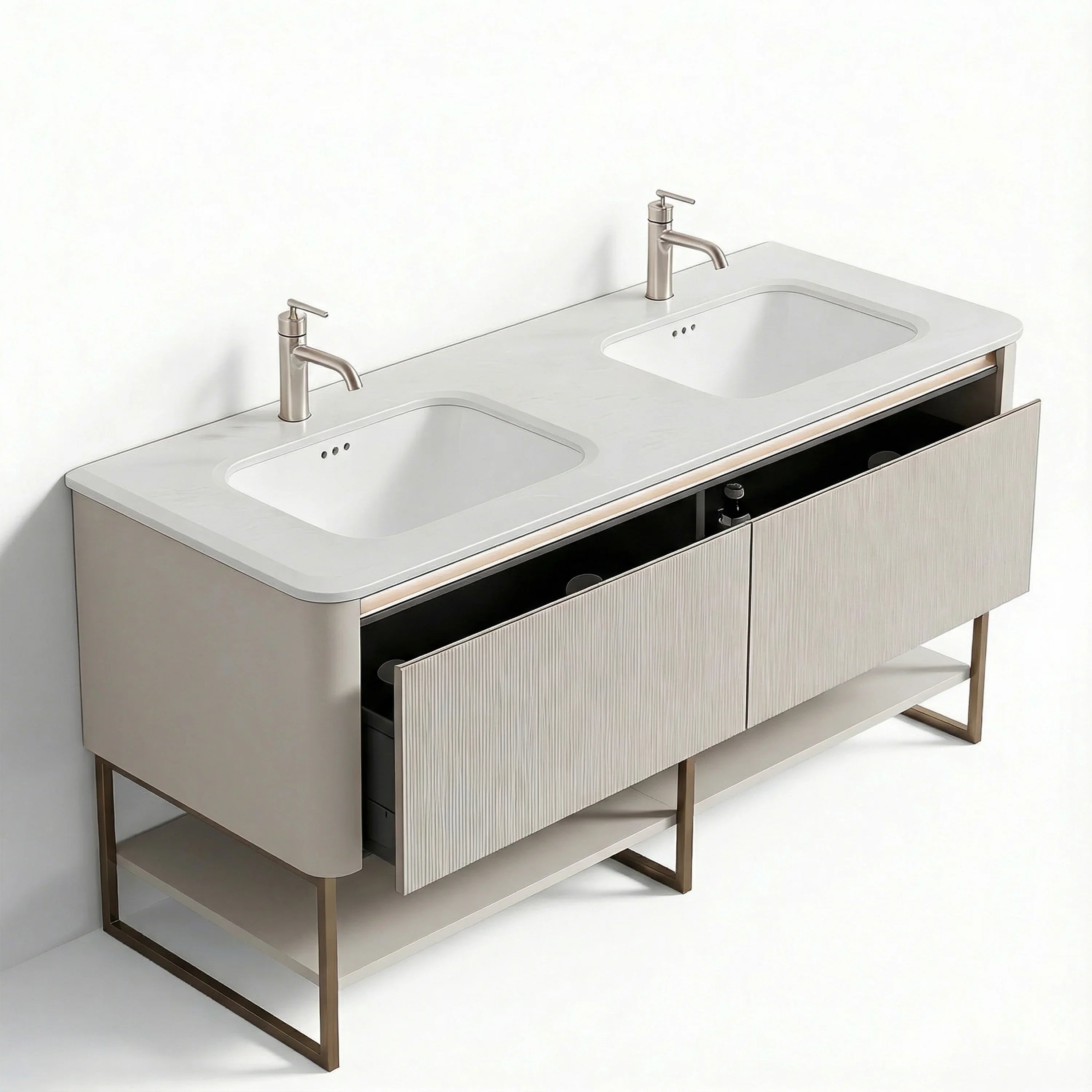 63" Latte Wall Hung LED Vanity with Kari Ice Jade Marble Countertop with Double Ceramic Sink and Pop-up and Brushed Gold Metal Frame and Latte Shelves