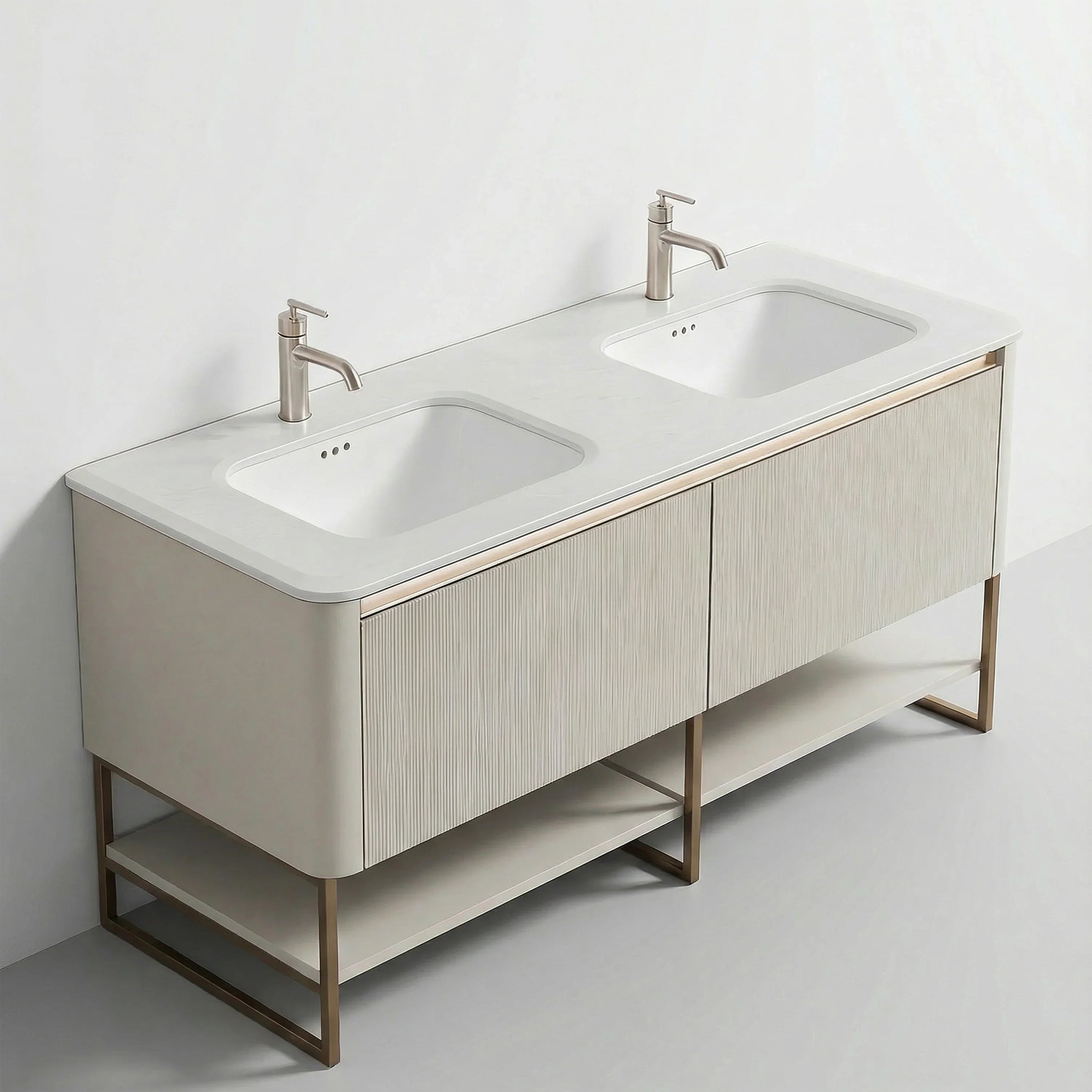 63" Latte Wall Hung LED Vanity with Kari Ice Jade Marble Countertop with Double Ceramic Sink and Pop-up and Brushed Gold Metal Frame and Latte Shelves