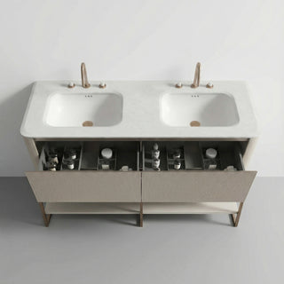 63" Latte Wall Hung LED Vanity with Kari Ice Jade Marble Countertop with Double Ceramic Sink and Pop-up and Brushed Gold Metal Frame and Latte Shelves