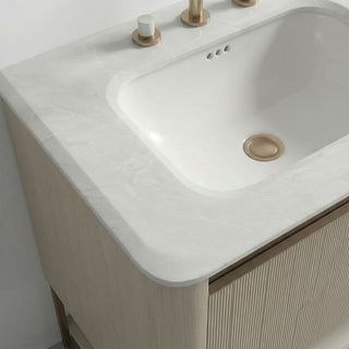 63" Latte Wall Hung LED Vanity with Kari Ice Jade Marble Countertop with Double Ceramic Sink and Pop-up and Brushed Gold Metal Frame and Latte Shelves