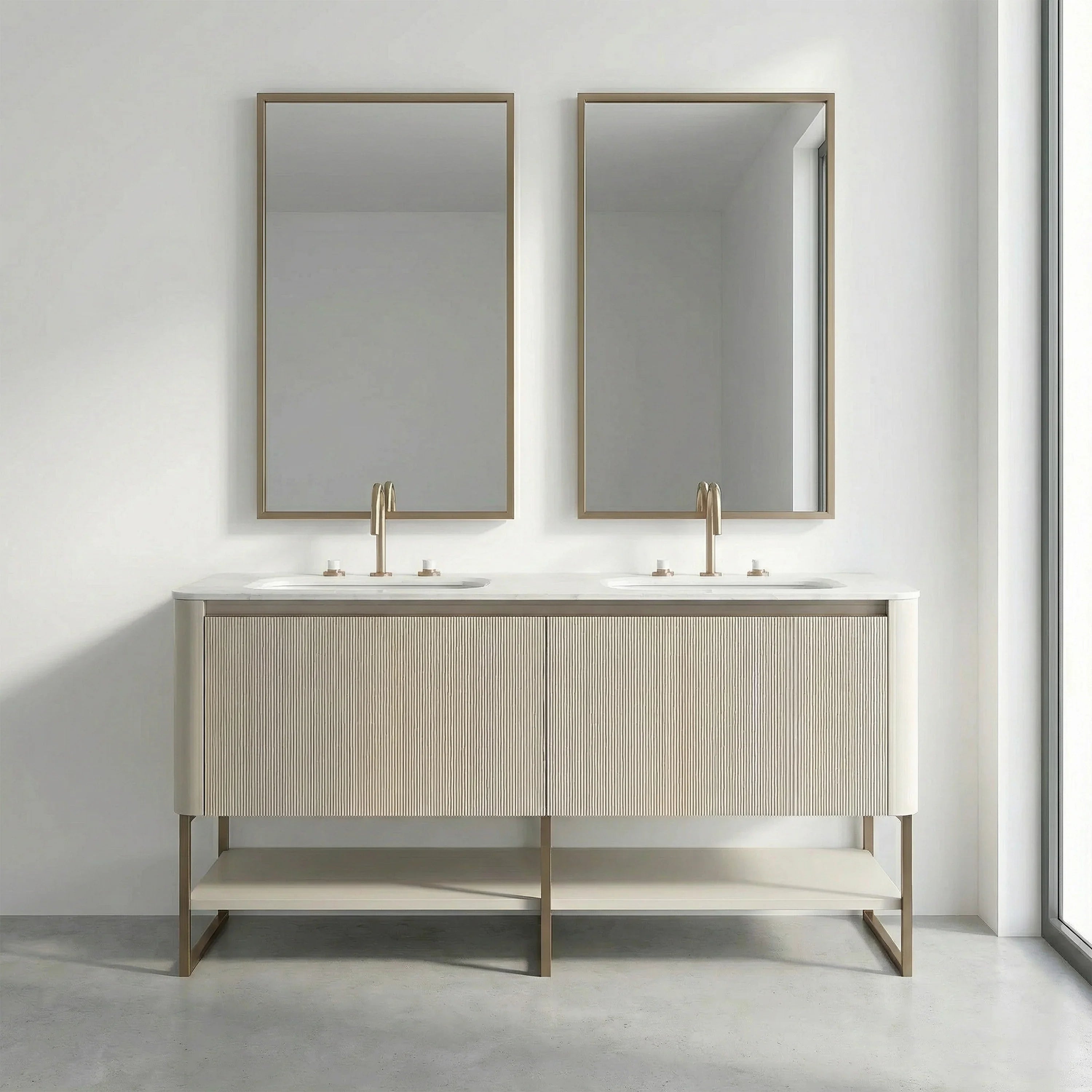 63" Latte Wall Hung LED Vanity with Kari Ice Jade Marble Countertop with Double Ceramic Sink and Pop-up and Brushed Gold Metal Frame and Latte Shelves