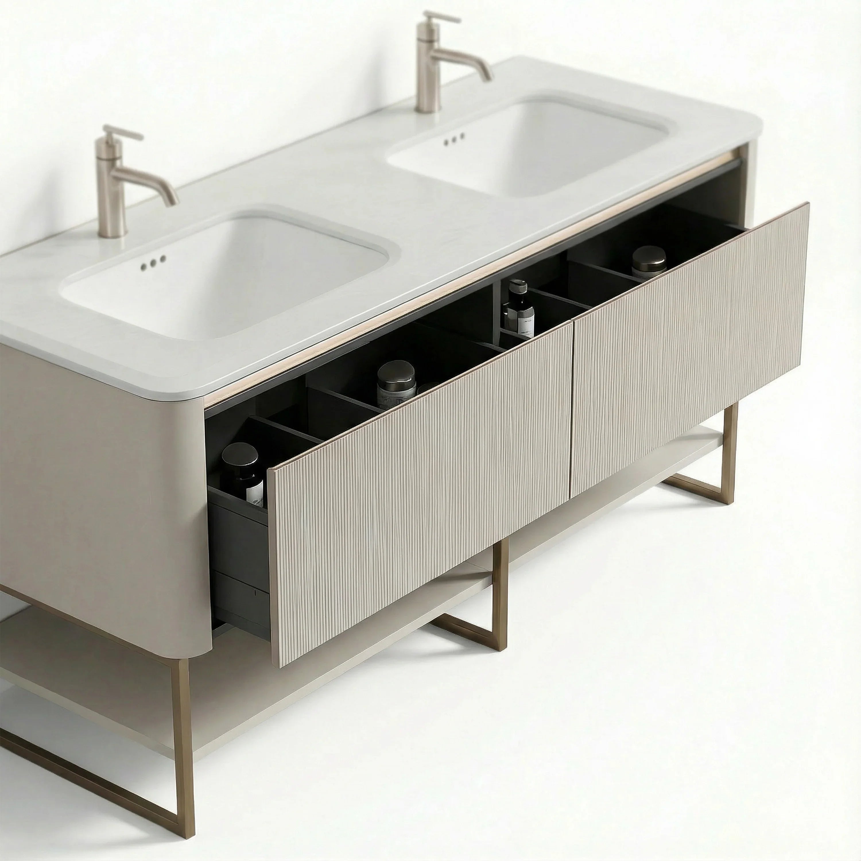 63" Latte Wall Hung LED Vanity with Kari Ice Jade Marble Countertop with Double Ceramic Sink and Pop-up and Brushed Gold Metal Frame and Latte Shelves