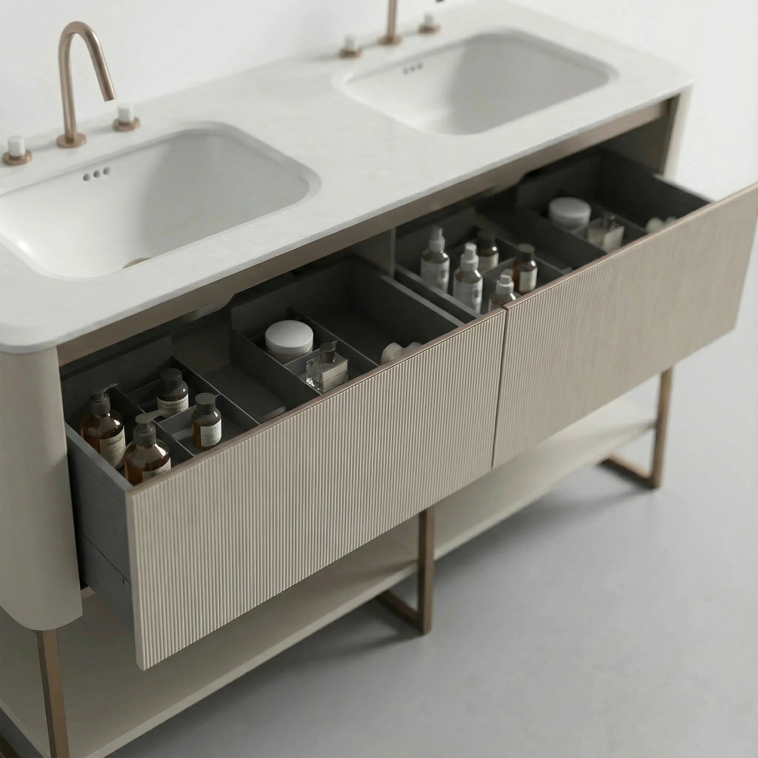 63" Latte Wall Hung LED Vanity with Kari Ice Jade Marble Countertop with Double Ceramic Sink and Pop-up and Brushed Gold Metal Frame and Latte Shelves